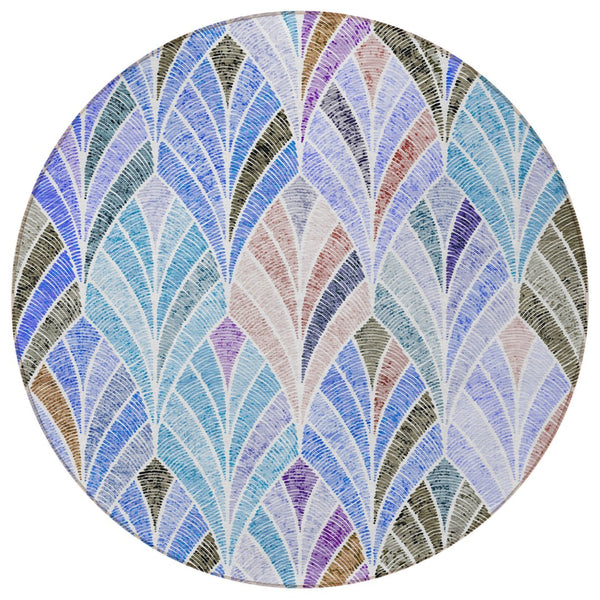 Homeroots 3' Aqua Mint Green And Silver Geometric Washable Area Rug For Indoor And Outdoor Spaces 8' Round Polyester 589208