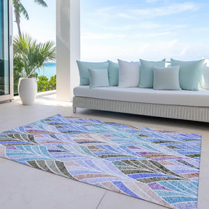 Homeroots 3' Aqua Mint Green And Silver Geometric Washable Area Rug For Indoor And Outdoor Spaces 10' X 14' Polyester 589211