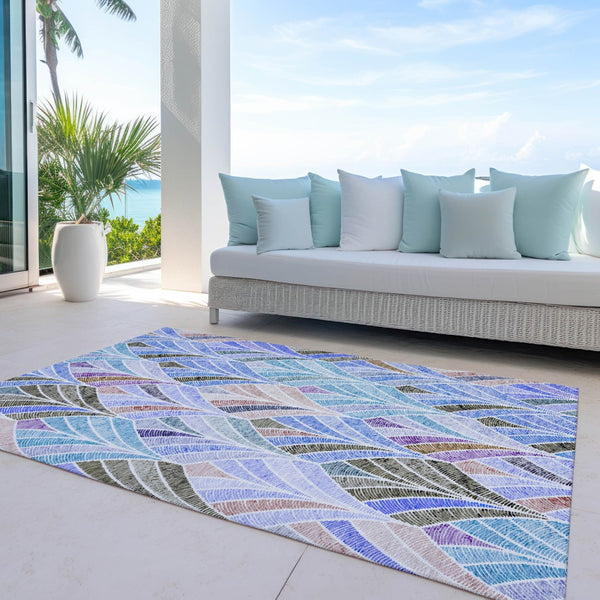 Homeroots 3' Aqua Mint Green And Silver Geometric Washable Area Rug For Indoor And Outdoor Spaces 10' X 14' Polyester 589211