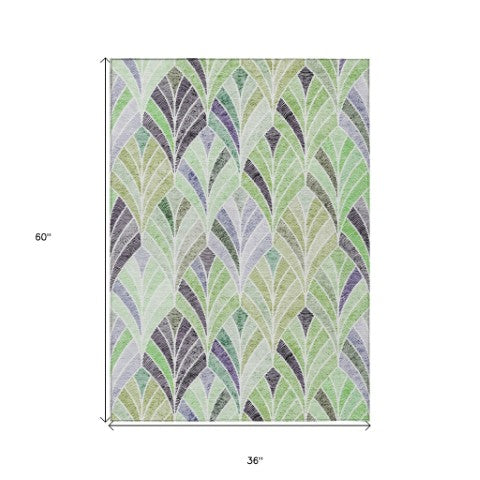 Homeroots 3' Aqua Mint Green And Silver Geometric Washable Area Rug For Indoor And Outdoor Spaces 3' X 5' Polyester 589218