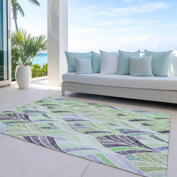 Homeroots 3' Aqua Mint Green And Silver Geometric Washable Area Rug For Indoor And Outdoor Spaces 5' X 8' Polyester 589219