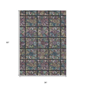 Homeroots 3' Black Purple And Teal Blue Medallion Washable Area Rug - Stylish Indoor Outdoor Comfort And Durability 3' X 5' Polyester 589254