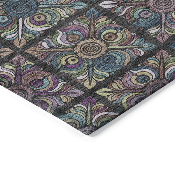 Homeroots 3' Black Purple And Teal Blue Medallion Washable Area Rug - Stylish Indoor Outdoor Comfort And Durability 3' X 5' Polyester 589254