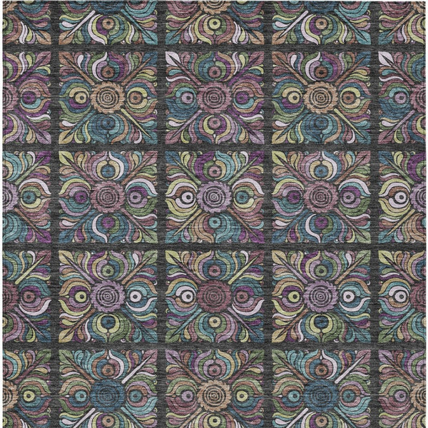 Homeroots 3' Black Purple And Teal Blue Medallion Washable Area Rug - Stylish Indoor Outdoor Comfort And Durability 5' X 8' Polyester 589255