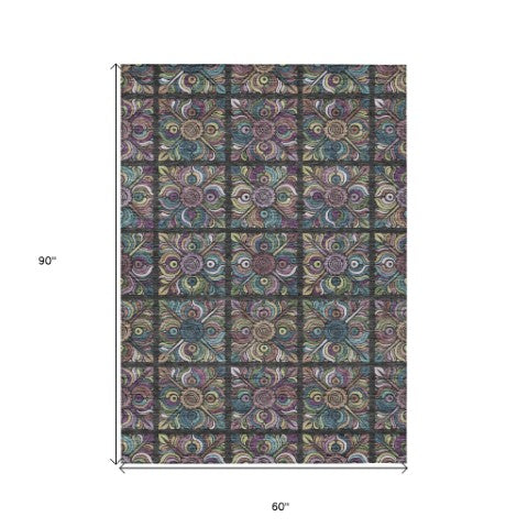 Homeroots 3' Black Purple And Teal Blue Medallion Washable Area Rug - Stylish Indoor Outdoor Comfort And Durability 5' X 8' Polyester 589255