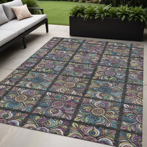 Homeroots 3' Black Purple And Teal Blue Medallion Washable Area Rug - Stylish Indoor Outdoor Comfort And Durability 5' X 8' Polyester 589255