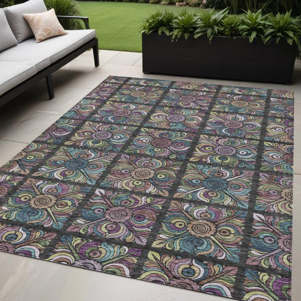 Homeroots 3' Black Purple And Teal Blue Medallion Washable Area Rug - Stylish Indoor Outdoor Comfort And Durability 5' X 8' Polyester 589255