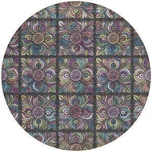 Homeroots 3' Black Purple And Teal Blue Medallion Washable Area Rug - Stylish Indoor Outdoor Comfort And Durability 8' Round Polyester 589256