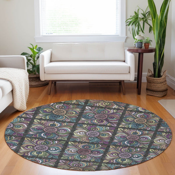 Homeroots 3' Black Purple And Teal Blue Medallion Washable Area Rug - Stylish Indoor Outdoor Comfort And Durability 8' Round Polyester 589256