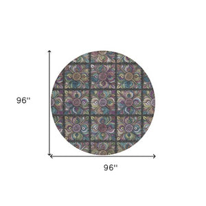 Homeroots 3' Black Purple And Teal Blue Medallion Washable Area Rug - Stylish Indoor Outdoor Comfort And Durability 8' Round Polyester 589256