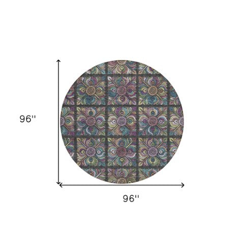 Homeroots 3' Black Purple And Teal Blue Medallion Washable Area Rug - Stylish Indoor Outdoor Comfort And Durability 8' Round Polyester 589256