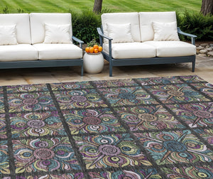 Homeroots 3' Black Purple And Teal Blue Medallion Washable Area Rug - Stylish Indoor Outdoor Comfort And Durability 8' X 10' Polyester 589257
