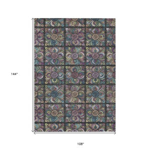 Homeroots 3' Black Purple And Teal Blue Medallion Washable Area Rug - Stylish Indoor Outdoor Comfort And Durability 9' X 12' Polyester 589258
