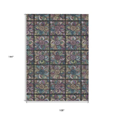 Homeroots 3' Black Purple And Teal Blue Medallion Washable Area Rug - Stylish Indoor Outdoor Comfort And Durability 9' X 12' Polyester 589258