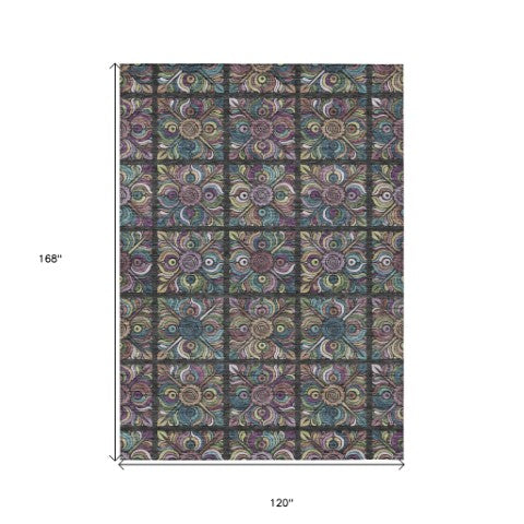 Homeroots 3' Black Purple And Teal Blue Medallion Washable Area Rug - Stylish Indoor Outdoor Comfort And Durability 10' X 14' Polyester 589259