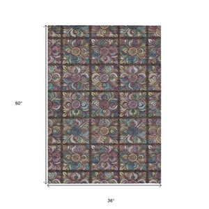 Homeroots 3' Black Purple And Teal Blue Medallion Washable Area Rug - Stylish Indoor Outdoor Comfort And Durability 3' X 5' Polyester 589260