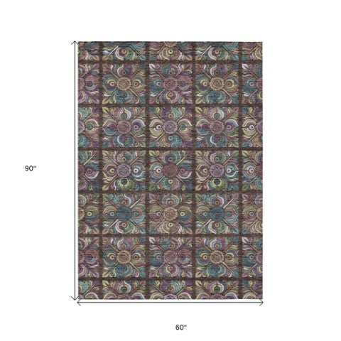Homeroots 3' Black Purple And Teal Blue Medallion Washable Area Rug - Stylish Indoor Outdoor Comfort And Durability 5' X 8' Polyester 589261