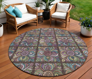 Homeroots 3' Black Purple And Teal Blue Medallion Washable Area Rug - Stylish Indoor Outdoor Comfort And Durability 8' Round Polyester 589262