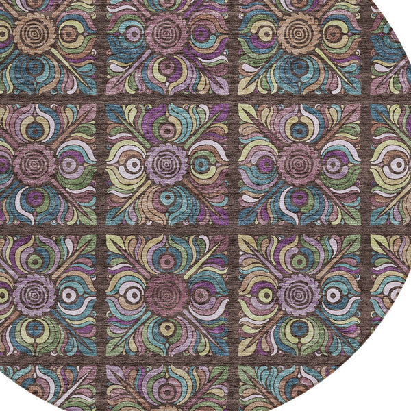 Homeroots 3' Black Purple And Teal Blue Medallion Washable Area Rug - Stylish Indoor Outdoor Comfort And Durability 8' Round Polyester 589262
