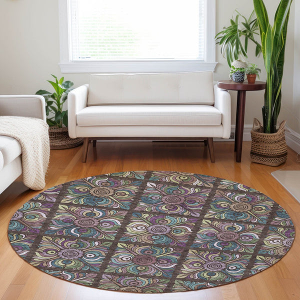 Homeroots 3' Black Purple And Teal Blue Medallion Washable Area Rug - Stylish Indoor Outdoor Comfort And Durability 8' Round Polyester 589262
