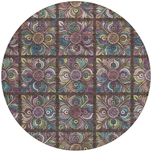 Homeroots 3' Black Purple And Teal Blue Medallion Washable Area Rug - Stylish Indoor Outdoor Comfort And Durability 8' Round Polyester 589262