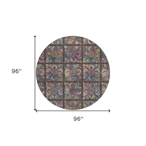 Homeroots 3' Black Purple And Teal Blue Medallion Washable Area Rug - Stylish Indoor Outdoor Comfort And Durability 8' Round Polyester 589262