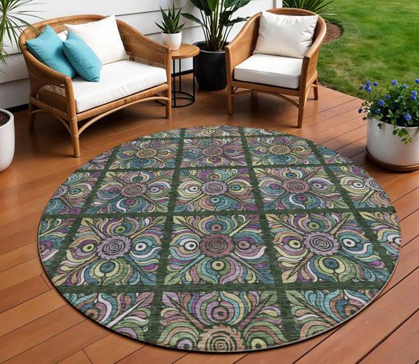 Homeroots 3' Black Purple And Teal Blue Medallion Washable Area Rug - Stylish Indoor Outdoor Comfort And Durability 8' Round Polyester 589268