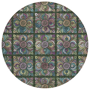 HomeRoots 5' Vibrant Medallion Area Rug in Fern Green, Purple & Teal – Durable, Washable Indoor/Outdoor Style 8' Round 589268