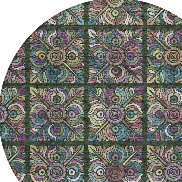 Homeroots 3' Black Purple And Teal Blue Medallion Washable Area Rug - Stylish Indoor Outdoor Comfort And Durability 8' Round Polyester 589268