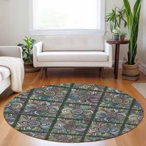 Homeroots 3' Black Purple And Teal Blue Medallion Washable Area Rug - Stylish Indoor Outdoor Comfort And Durability 8' Round Polyester 589268