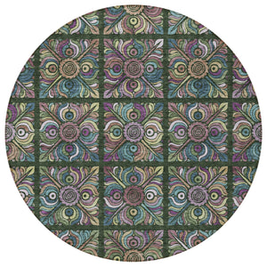 Homeroots 3' Black Purple And Teal Blue Medallion Washable Area Rug - Stylish Indoor Outdoor Comfort And Durability 8' Round Polyester 589268