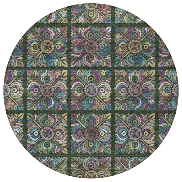 Homeroots 3' Black Purple And Teal Blue Medallion Washable Area Rug - Stylish Indoor Outdoor Comfort And Durability 8' Round Polyester 589268