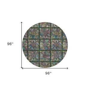 Homeroots 3' Black Purple And Teal Blue Medallion Washable Area Rug - Stylish Indoor Outdoor Comfort And Durability 8' Round Polyester 589268