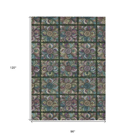 Homeroots 3' Black Purple And Teal Blue Medallion Washable Area Rug - Stylish Indoor Outdoor Comfort And Durability 8' X 10' Polyester 589269