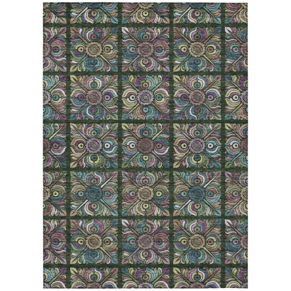 HomeRoots 9' Vibrant Medallion Indoor Outdoor Area Rug in Fern Green, Purple, and Teal - Easy to Clean! 9' X 12' 589270