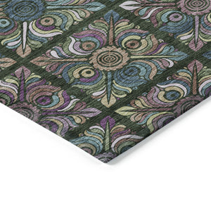 Homeroots 3' Black Purple And Teal Blue Medallion Washable Area Rug - Stylish Indoor Outdoor Comfort And Durability 9' X 12' Polyester 589270