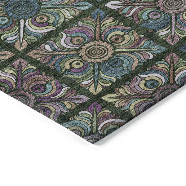 Homeroots 3' Black Purple And Teal Blue Medallion Washable Area Rug - Stylish Indoor Outdoor Comfort And Durability 9' X 12' Polyester 589270