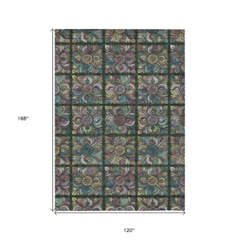 Homeroots 3' Black Purple And Teal Blue Medallion Washable Area Rug - Stylish Indoor Outdoor Comfort And Durability 10' X 14' Polyester 589271