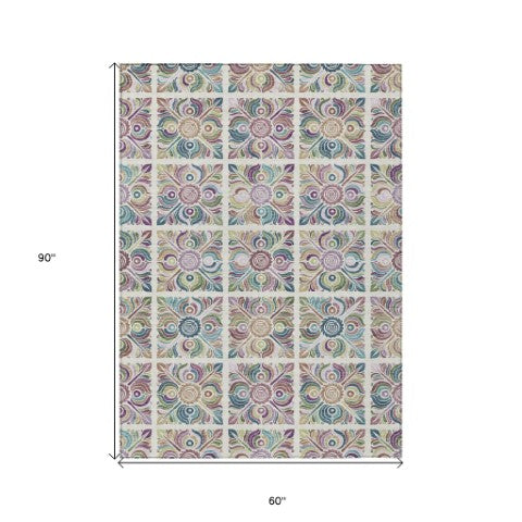 Homeroots 3' Black Purple And Teal Blue Medallion Washable Area Rug - Stylish Indoor Outdoor Comfort And Durability 5' X 8' Polyester 589273