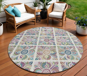 Homeroots 3' Black Purple And Teal Blue Medallion Washable Area Rug - Stylish Indoor Outdoor Comfort And Durability 8' Round Polyester 589274