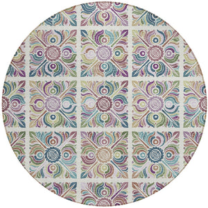 Homeroots 3' Black Purple And Teal Blue Medallion Washable Area Rug - Stylish Indoor Outdoor Comfort And Durability 8' Round Polyester 589274