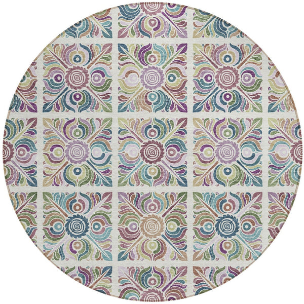 Homeroots 3' Black Purple And Teal Blue Medallion Washable Area Rug - Stylish Indoor Outdoor Comfort And Durability 8' Round Polyester 589274
