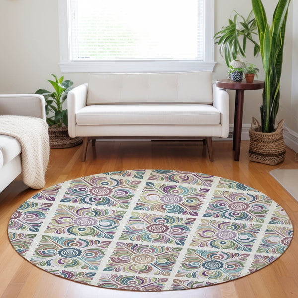 Homeroots 3' Black Purple And Teal Blue Medallion Washable Area Rug - Stylish Indoor Outdoor Comfort And Durability 8' Round Polyester 589274