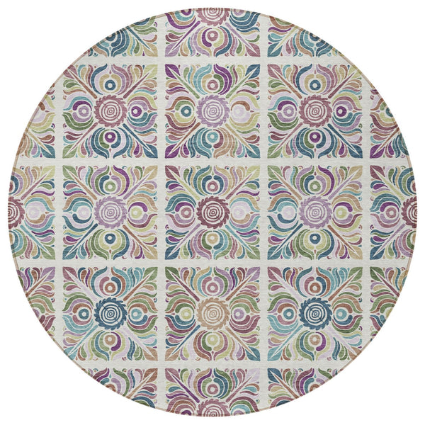Homeroots 3' Black Purple And Teal Blue Medallion Washable Area Rug - Stylish Indoor Outdoor Comfort And Durability 8' Round Polyester 589274