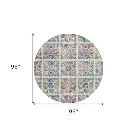 Homeroots 3' Black Purple And Teal Blue Medallion Washable Area Rug - Stylish Indoor Outdoor Comfort And Durability 8' Round Polyester 589274