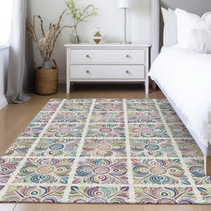 Homeroots 3' Black Purple And Teal Blue Medallion Washable Area Rug - Stylish Indoor Outdoor Comfort And Durability 8' X 10' Polyester 589275