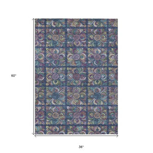 Homeroots 3' Black Purple And Teal Blue Medallion Washable Area Rug - Stylish Indoor Outdoor Comfort And Durability 3' X 5' Polyester 589278