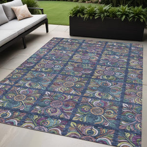 Homeroots 3' Black Purple And Teal Blue Medallion Washable Area Rug - Stylish Indoor Outdoor Comfort And Durability 5' X 8' Polyester 589279