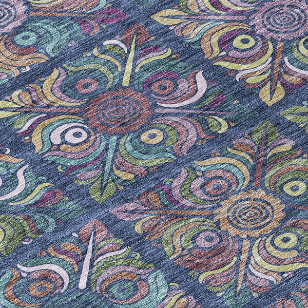 Homeroots 3' Black Purple And Teal Blue Medallion Washable Area Rug - Stylish Indoor Outdoor Comfort And Durability 5' X 8' Polyester 589279