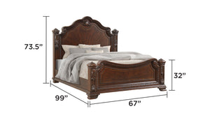 English Elm Traditional Vintage Queen Bed with Intricate Wood Carvings, High Headboard, Warm Walnut Finish, Box Spring Required B009S01347